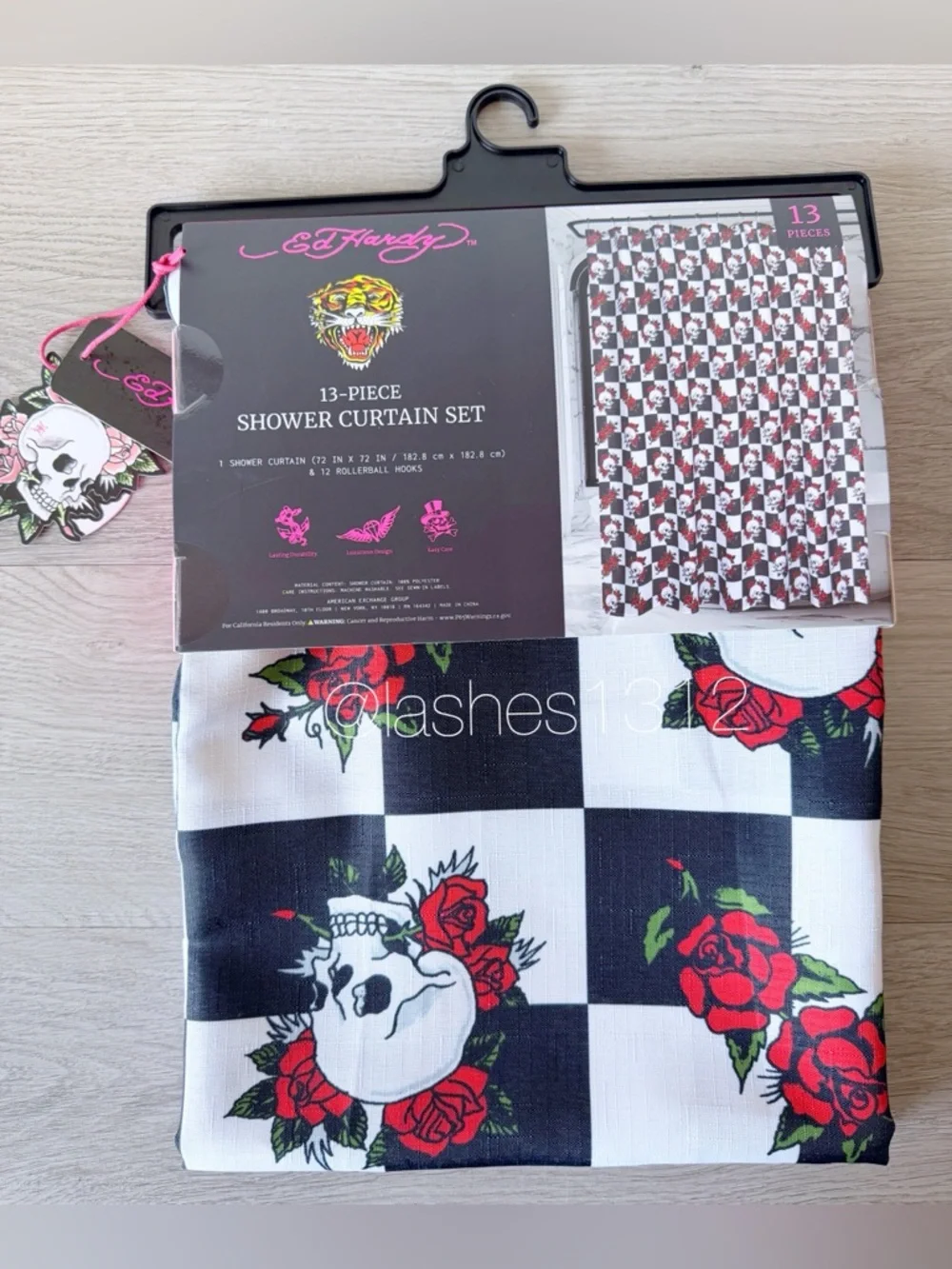 ED HARDY Shower Curtain with Hooks - Black & White Checker with Roses and Skulls